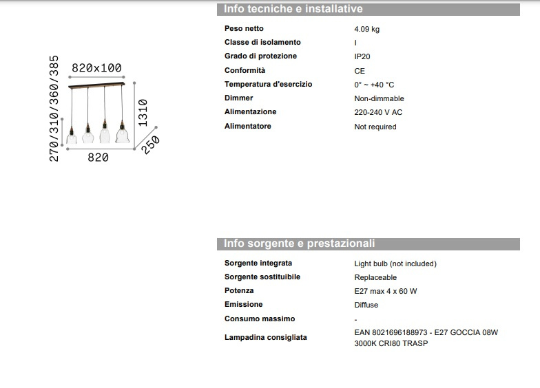Hängande lampa Gretel SP4, Ideal Lux-122557