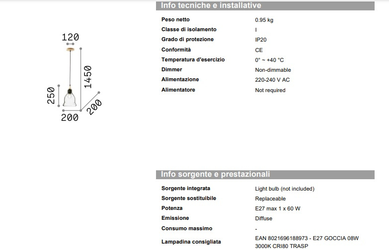 Hängande lampa Gretel SP1, Ideal Lux-122564
