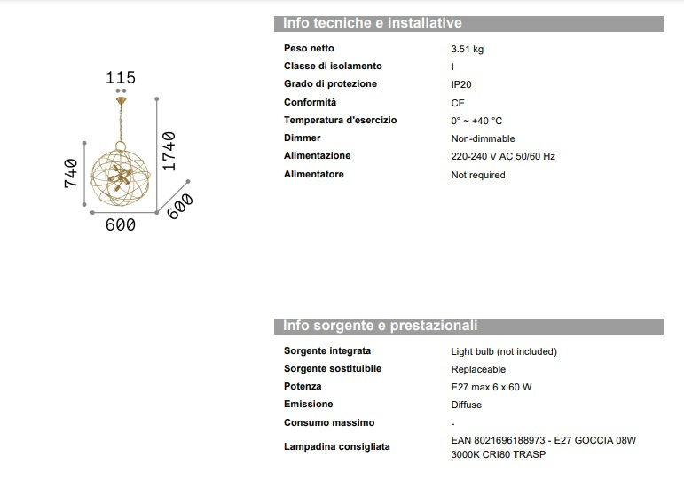 Pendant lamp Konse SP6, Ideal Lux-156026