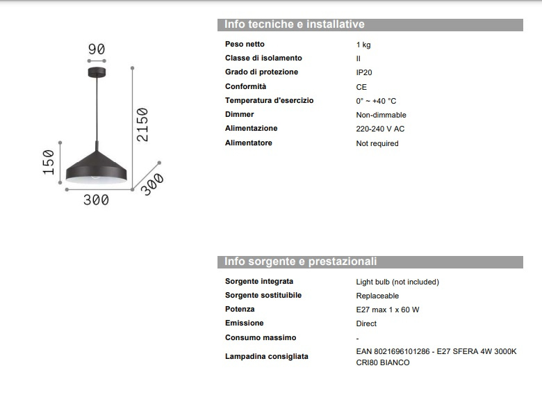 Hänglampa Yurta SP1 D30, Ideal Lux-285139